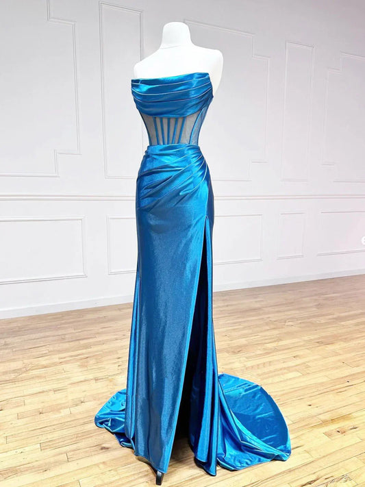 Satin Mermaid Long Prom Dresses, Blue Formal Evening Dresses HZ1024