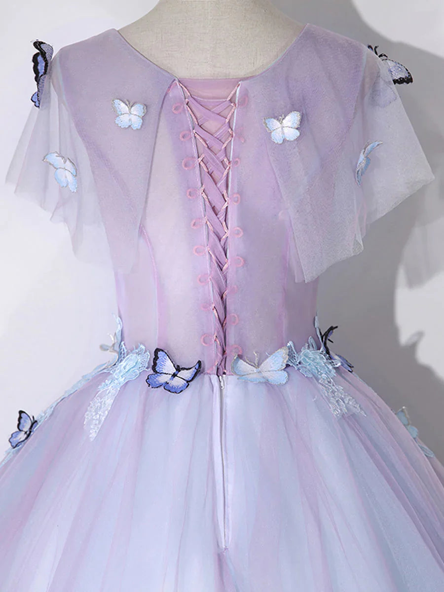 A-Line Round Neck Tulle Lace Purple Long Prom Dress, Purple Formal Dress ED0704