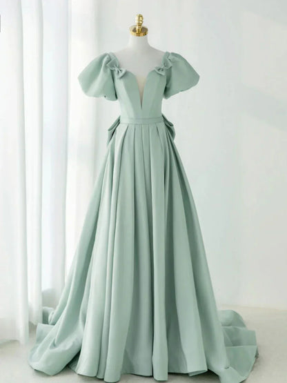 Green Satin Long Prom Dresses, Green Formal Evening Dresses HZ1024