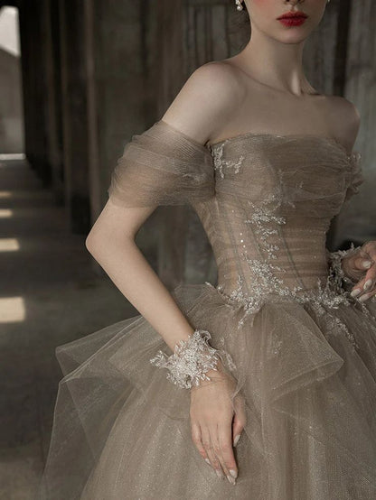 Tulle Lace Long Prom Dress, Champagne Formal Evening Dress HZ1024