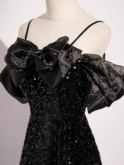 Off Shoulder Velvet Sequin Long Black Prom Dress, Black Long Evening Dress HZ1024