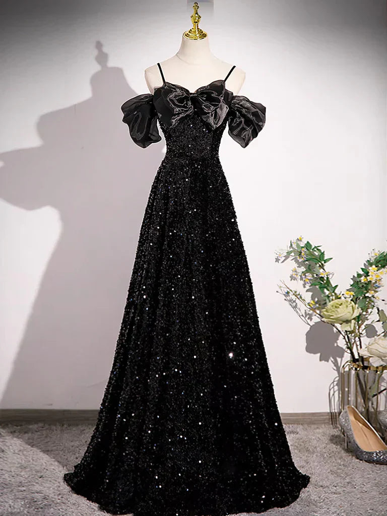 Off Shoulder Velvet Sequin Long Black Prom Dress, Black Long Evening Dress HZ1024