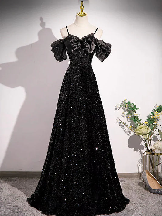 Off Shoulder Velvet Sequin Long Black Prom Dress, Black Long Evening Dress HZ1024