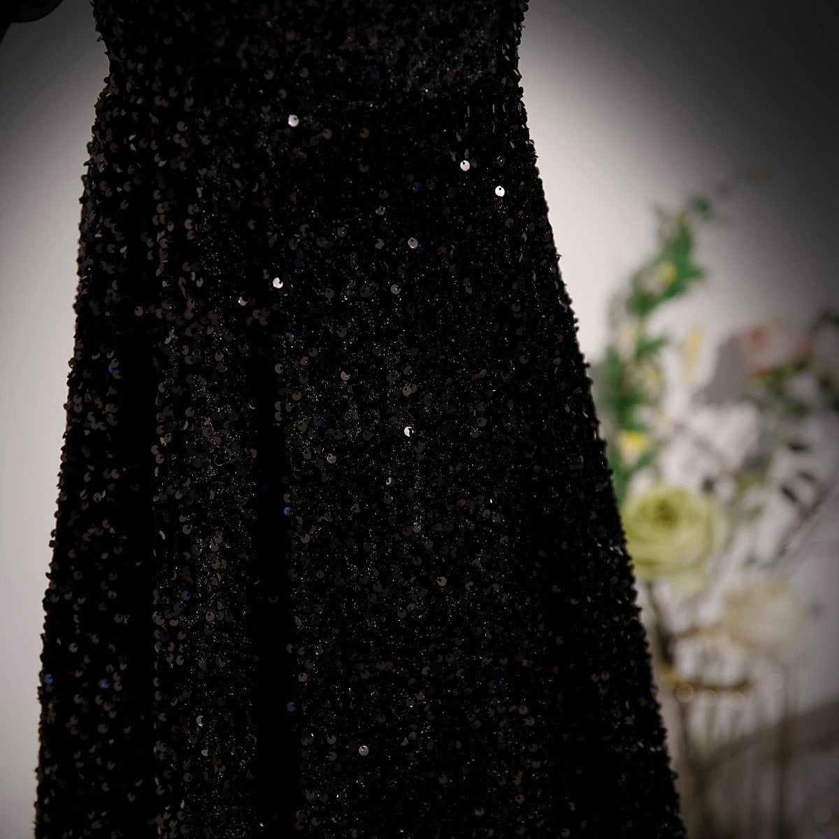 Off Shoulder Velvet Sequin Long Black Prom Dress, Black Long Evening Dress HZ1024