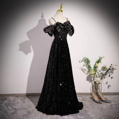 Off Shoulder Velvet Sequin Long Black Prom Dress, Black Long Evening Dress HZ1024