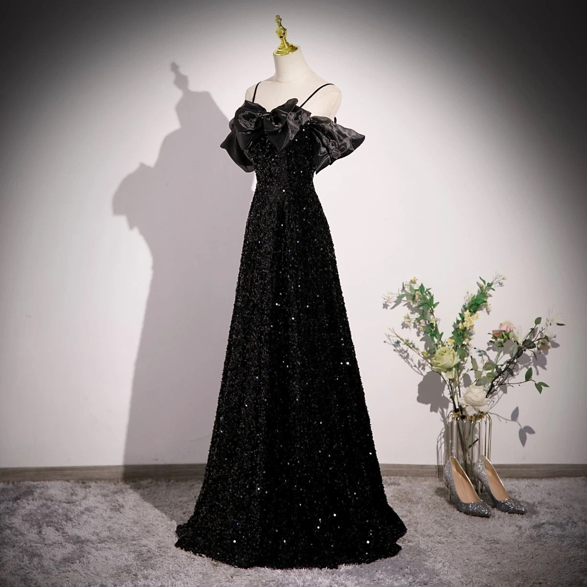 Off Shoulder Velvet Sequin Long Black Prom Dress, Black Long Evening Dress HZ1024