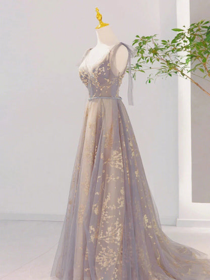 A-Line V Neck Tulle Long Prom Dresses, Tulle Formal Evening Dresses ED0708