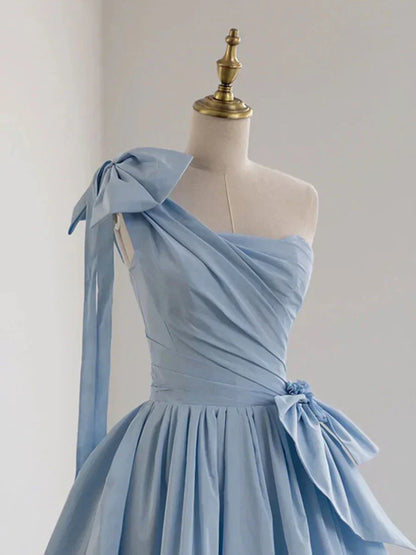One Shoulder Satin Blue Long Prom Dresses, Blue Formal Evening Dress HZ1024