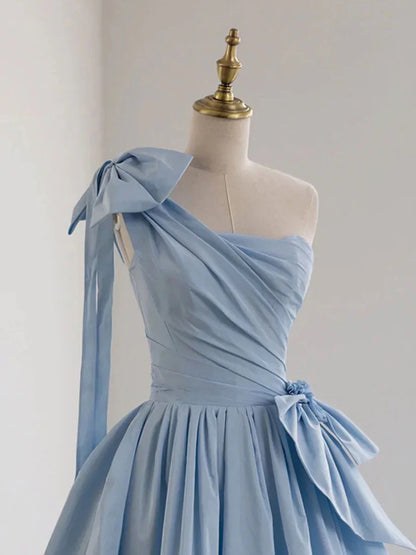 A-Line One Shoulder Satin Blue Long Prom Dresses, Blue Formal Evening Dress ED0709