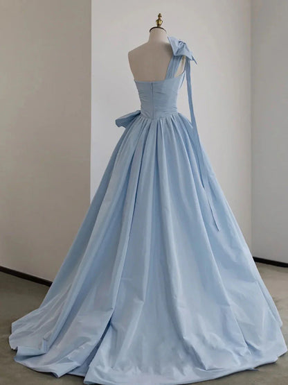 A-Line One Shoulder Satin Blue Long Prom Dresses, Blue Formal Evening Dress ED0709