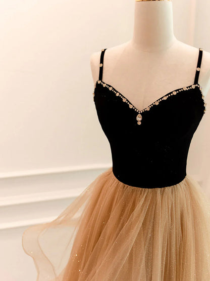A-Line Champagne Tulle Long Prom Dress, Champagne Evening Dresses ED0710