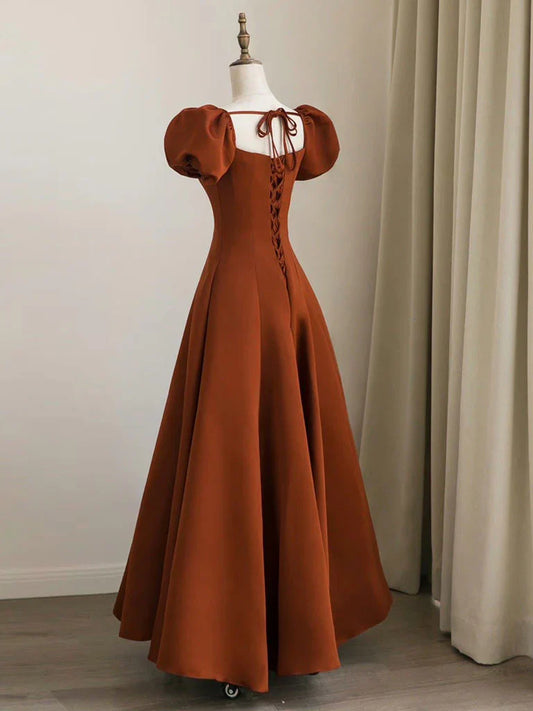 A-Line Puff Sleeves Satin Long Prom Dress, Long Evening Dresses ED0711