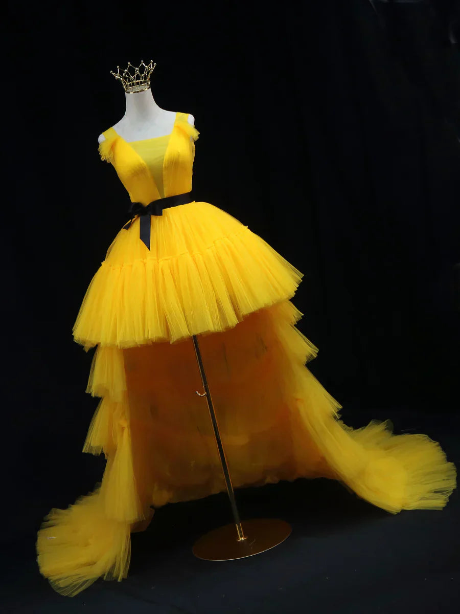 Tulle High Low Prom Dress, Yellow Formal Evening Dress HZ1024