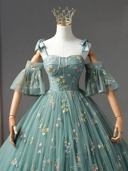 A-Line Dusty Green Tulle Lace Long Prom Dresses, Green Formal Evening Dress ED0716