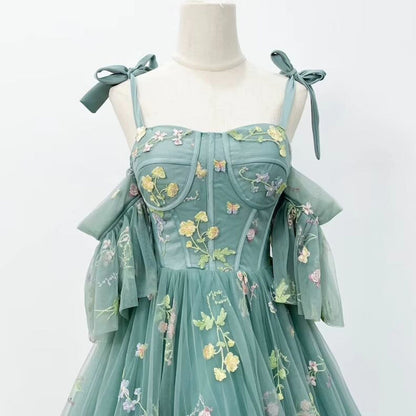 A-Line Dusty Green Tulle Lace Long Prom Dresses, Green Formal Evening Dress ED0716