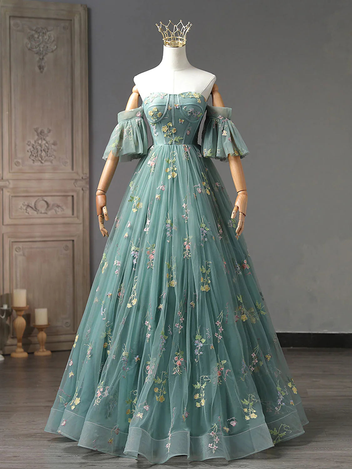 A-Line Dusty Green Tulle Lace Long Prom Dresses, Green Formal Evening Dress ED0716