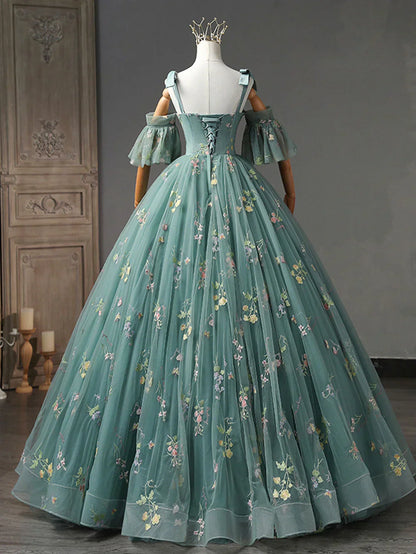 Dusty Green Tulle Lace Long Prom Dresses, Green Formal Evening Dress HZ1024