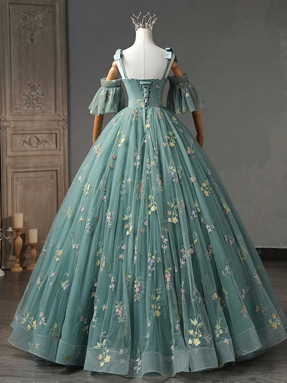 A-Line Dusty Green Tulle Lace Long Prom Dresses, Green Formal Evening Dress ED0716