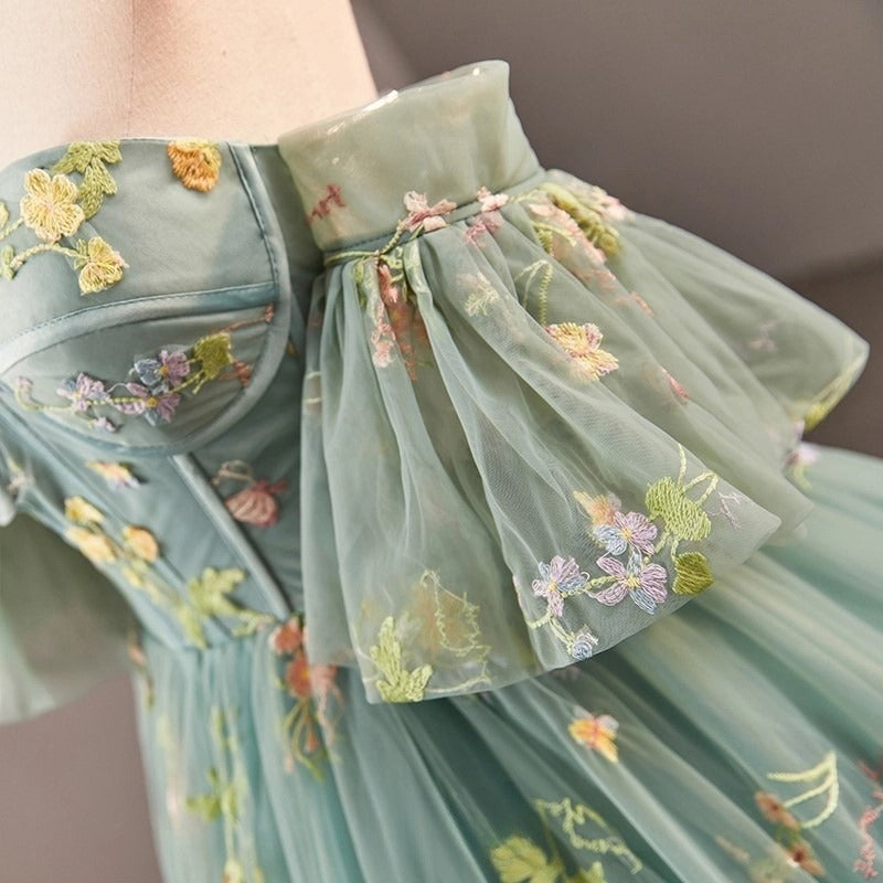 Dusty Green Tulle Lace Long Prom Dresses, Green Formal Evening Dress HZ1024