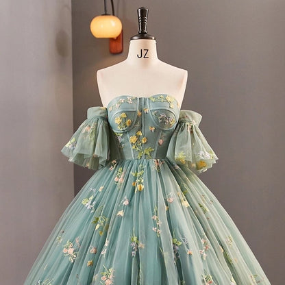 Dusty Green Tulle Lace Long Prom Dresses, Green Formal Evening Dress HZ1024