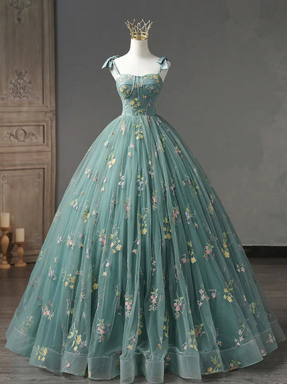 A-Line Dusty Green Tulle Lace Long Prom Dresses, Green Formal Evening Dress ED0716