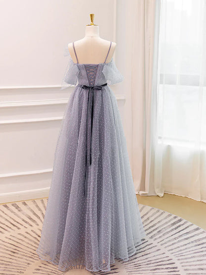 A-Line Tulle Long Prom Dresses, Gray Formal Evening Dresses HZ1024