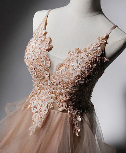 Champagne v neck tulle lace long prom dress,champagne evening dress ED0719