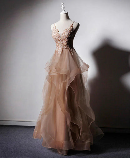 Champagne v neck tulle lace long prom dress,champagne evening dress ED0719