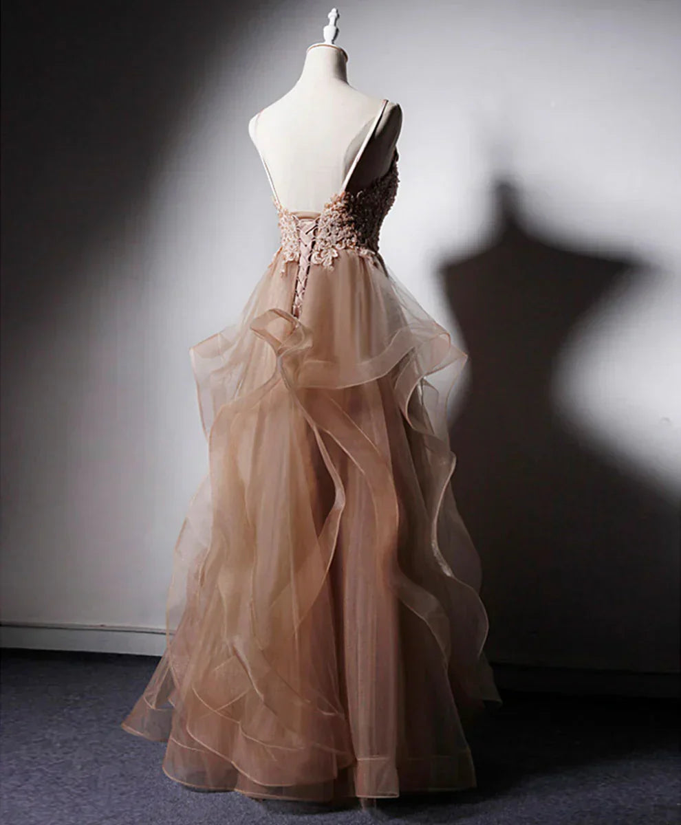 v neck tulle lace long prom dress,champagne evening dress HZ1024