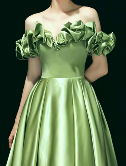 A-Line Satin Green Long Prom Dress, Green Formal Evening Dress ED0720