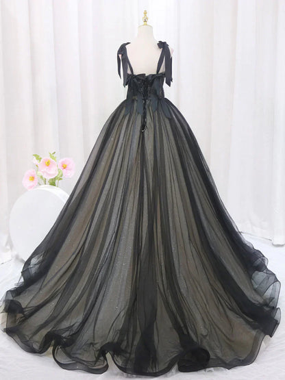 Black Tulle Lace Long Prom Dresses, Black Long Evening Dresses HZ1024