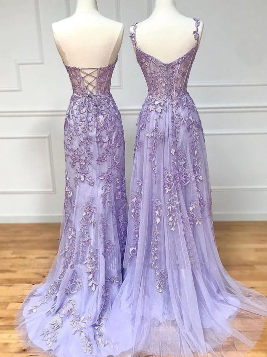 Purple Lace Long Prom Dress, Purple Lace Evening Dresses ED0725