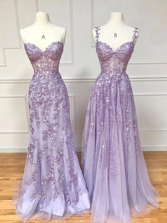 Lace Long Prom Dress, Purple Lace Evening Dresses HZ1024