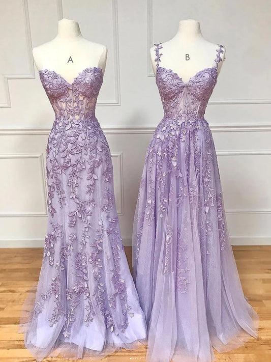 Purple Lace Long Prom Dress, Purple Lace Evening Dresses ED0725
