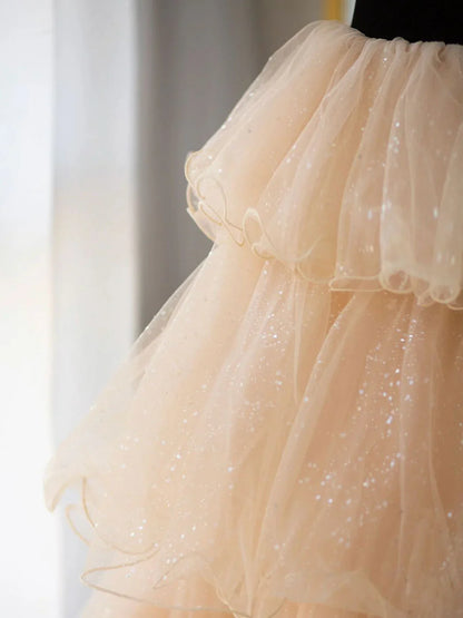 Champagne/Black Tulle Long Prom Dress, Champagne Formal Evening Dress ED0726