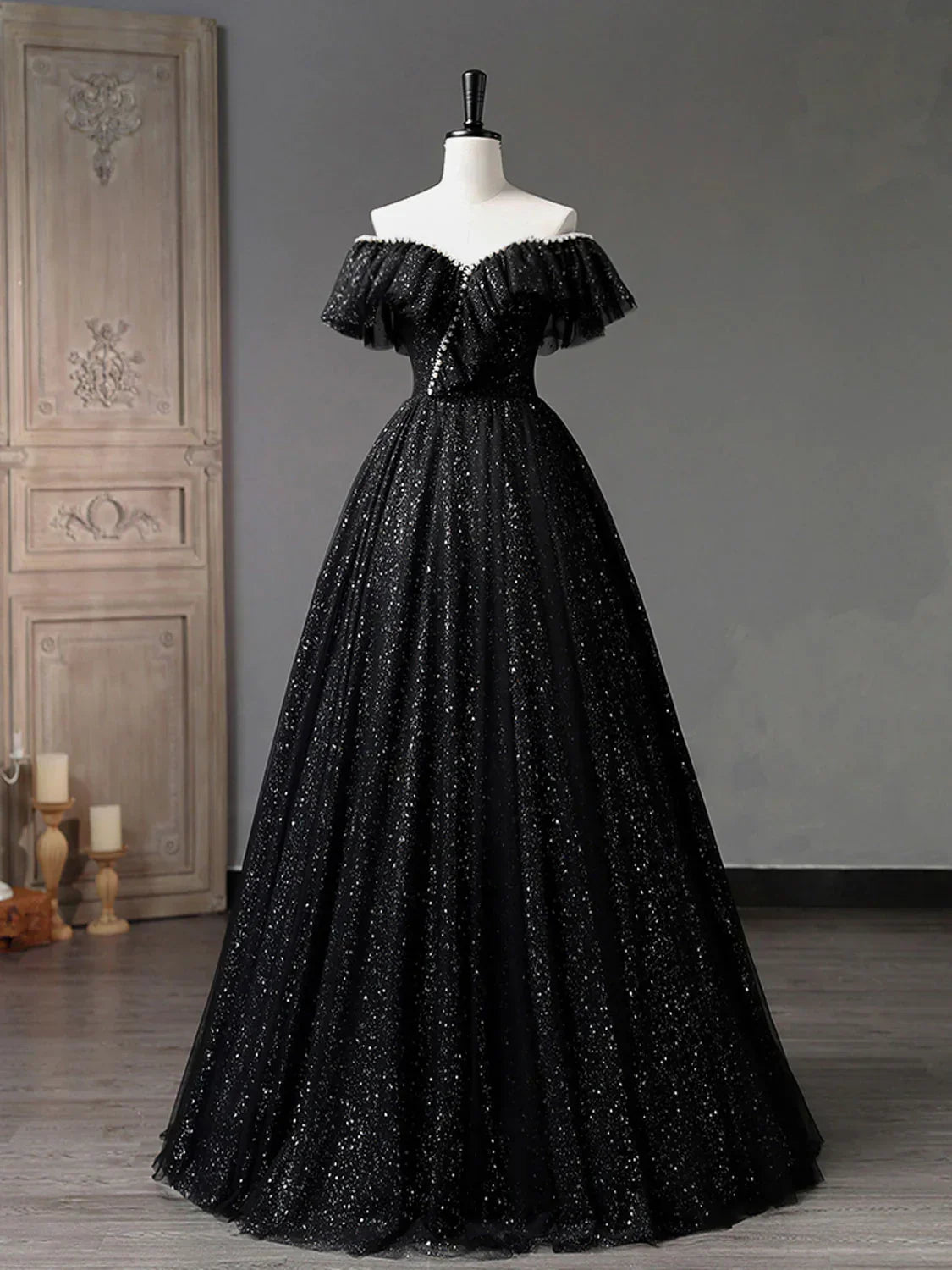 Off Shoulder Tulle Long Prom Dress, Black Formal Evening Dresses HZ1024
