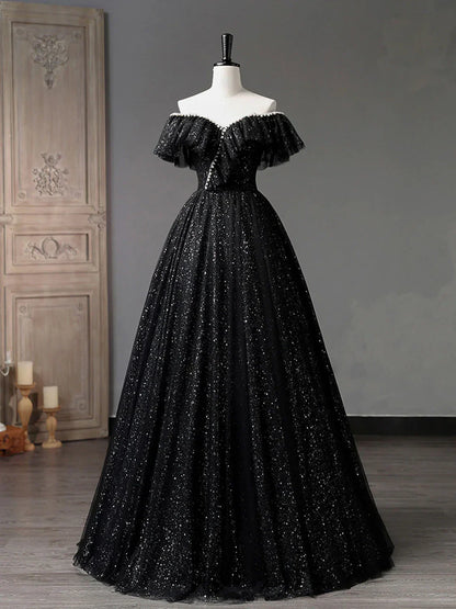 Off Shoulder Tulle Long Prom Dress, Black Formal Evening Dresses HZ1024