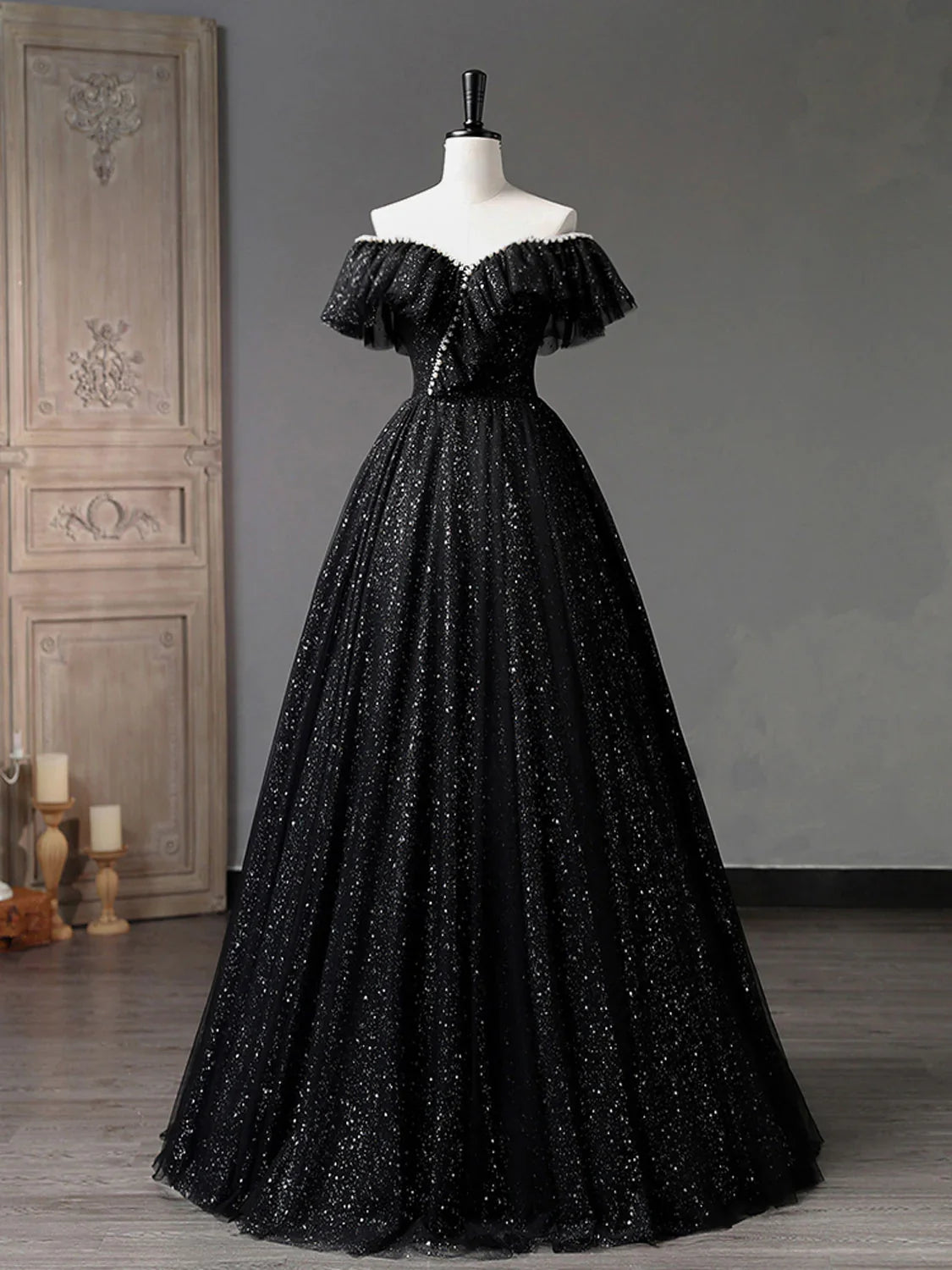 Black Off Shoulder Tulle Long Prom Dress, Black Formal Evening Dresses ED0729