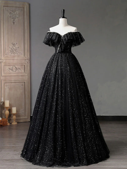 Black Off Shoulder Tulle Long Prom Dress, Black Formal Evening Dresses ED0729