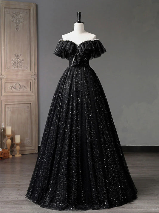 Black Off Shoulder Tulle Long Prom Dress, Black Formal Evening Dresses ED0729
