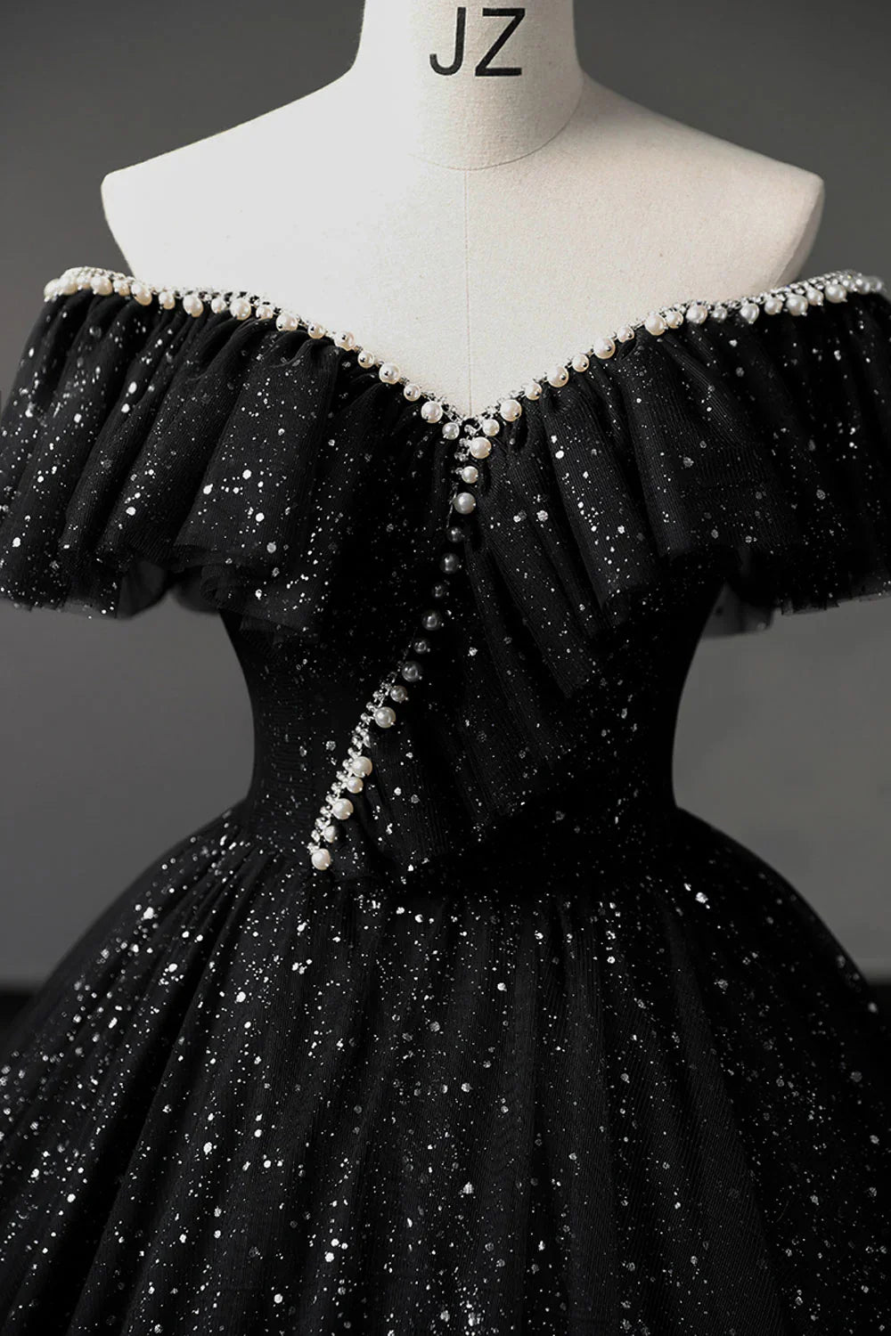 Black Off Shoulder Tulle Long Prom Dress, Black Formal Evening Dresses ED0729