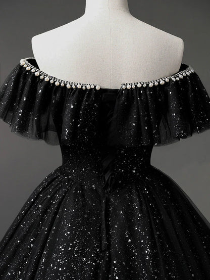 Off Shoulder Tulle Long Prom Dress, Black Formal Evening Dresses HZ1024