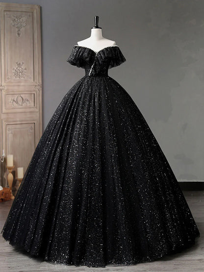 Black Off Shoulder Tulle Long Prom Dress, Black Formal Evening Dresses ED0729