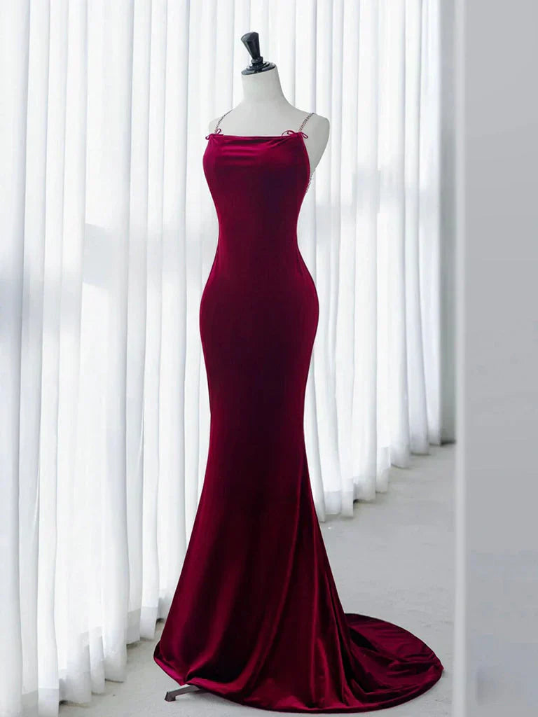 Backless Velvet Burgundy Long Prom Dress with Beads HZ1024