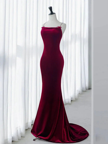 Backless Velvet Burgundy Long Prom Dress with Beads HZ1024