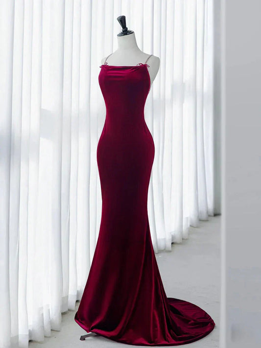 Backless Velvet Burgundy Long Prom Dress with Beads HZ1024
