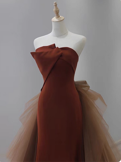 Mermaid Satin Brown Long Prom Dress, Brown Long Evening Dress HZ1024