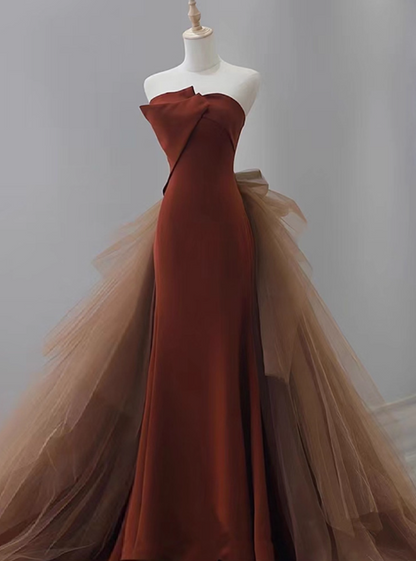 Unique Mermaid  Satin Brown Long Prom Dress, Brown Long Evening Dress ED0730