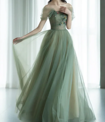 Green Tulle Long Prom Dresses, Green Formal Evening Dresses HZ1024