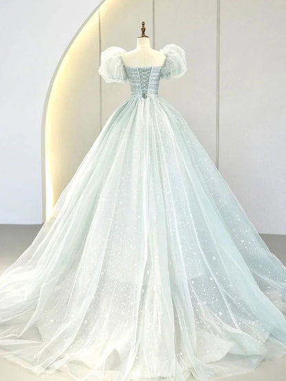 Puff Sleeves Blue Long Prom Dress, Tulle Formal Evening Dress HZ1024